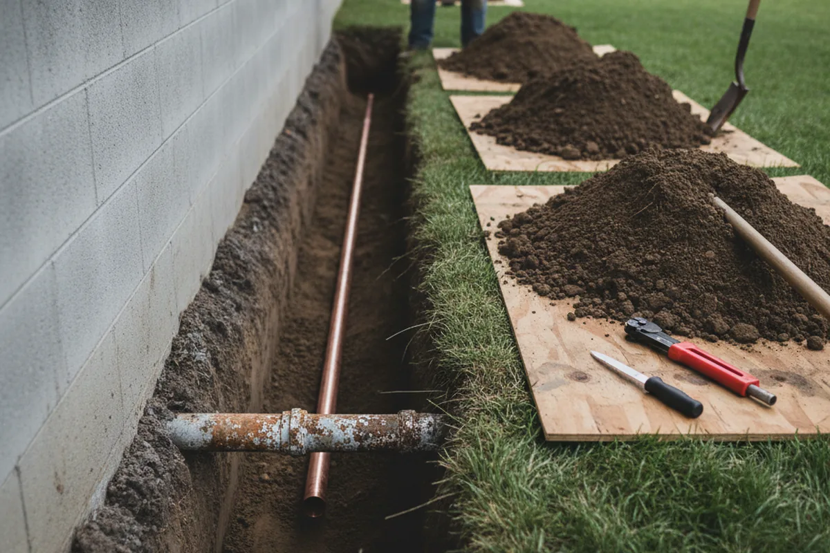Excavated water line trench during Sewer Line Repair in Mount Royal